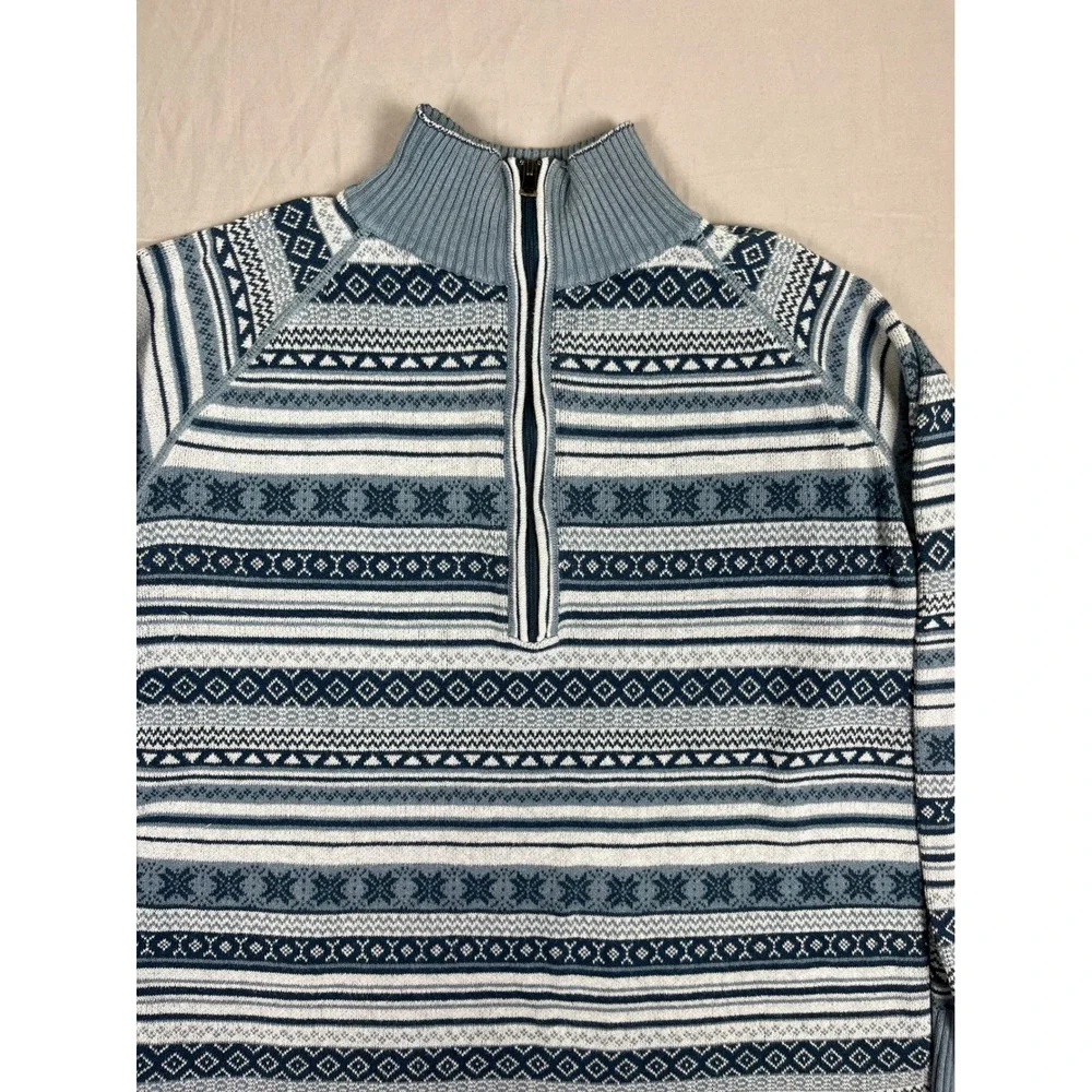 Eddie Bauer Quarter Zip Sweater Mens Medium Blue Nordic Fair Isle Cotton Blend‎